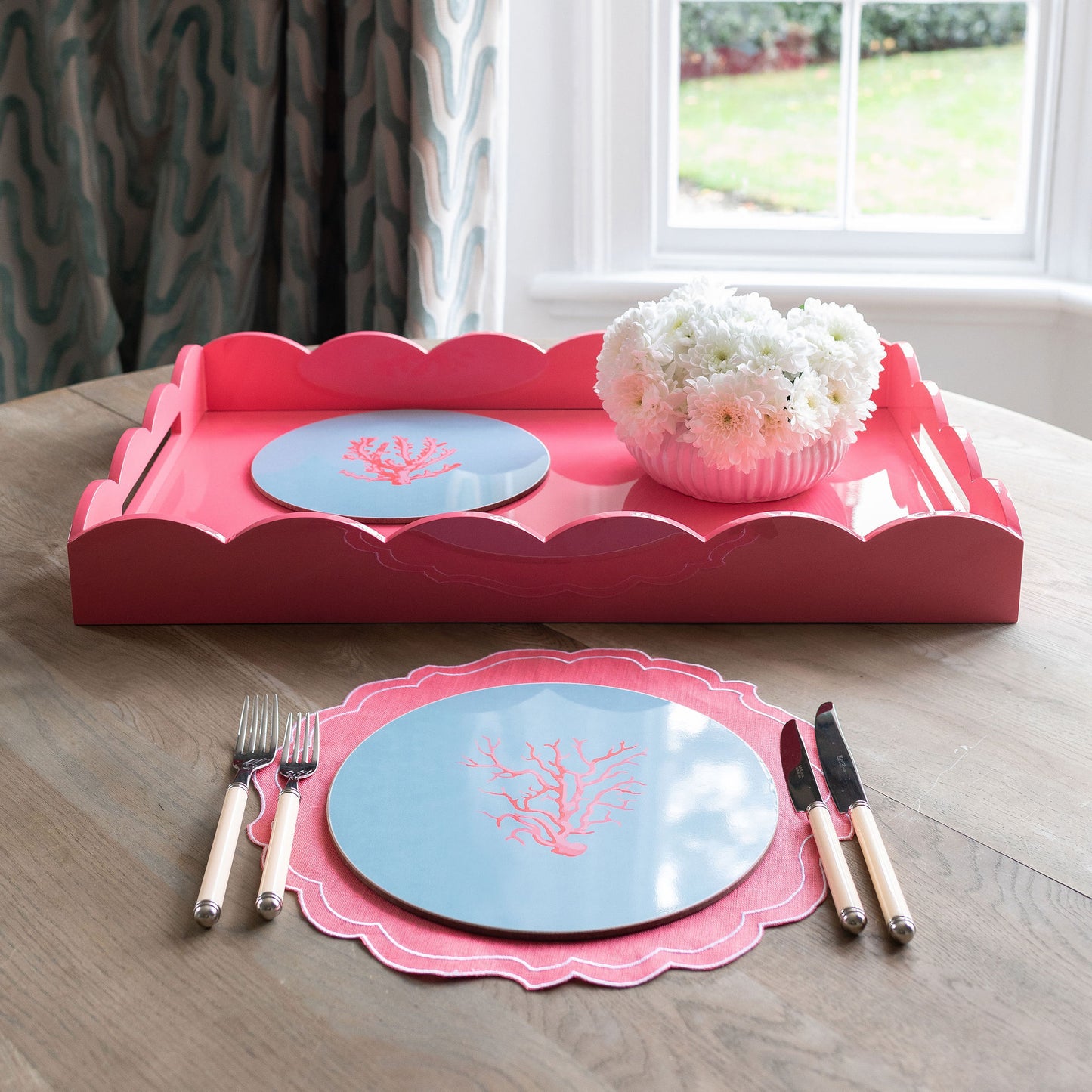 Pink Large Lacquered Scallop Ottoman Tray